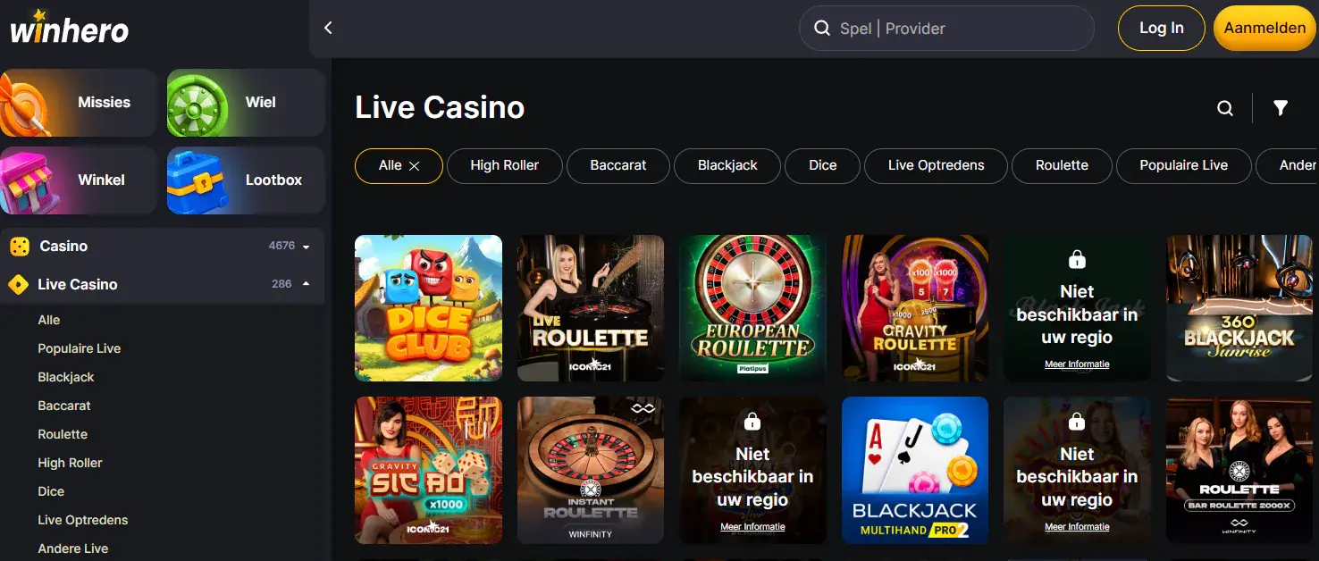 Officiële Winhero live-casino-lobby met blackjack, baccarat, roulette en live-showcategorieën