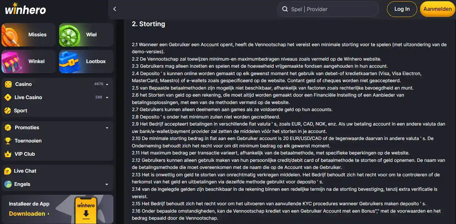 Nederlandse Winhero-betaalsectie met iDEAL en andere betaalmethoden