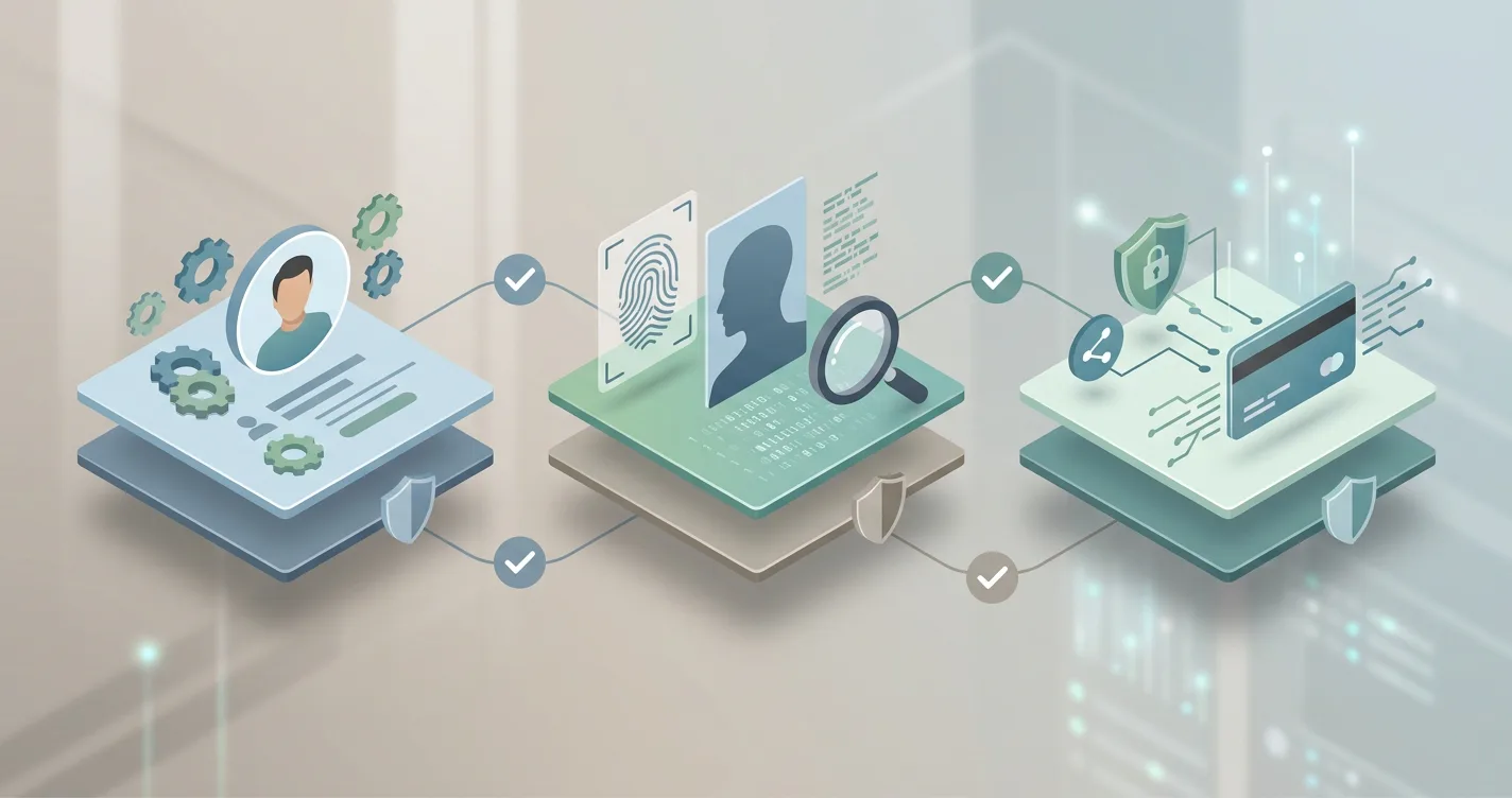 Neutrale illustratie van account-, identiteit- en betaalcontrole zonder echte documenten of Winhero-interface