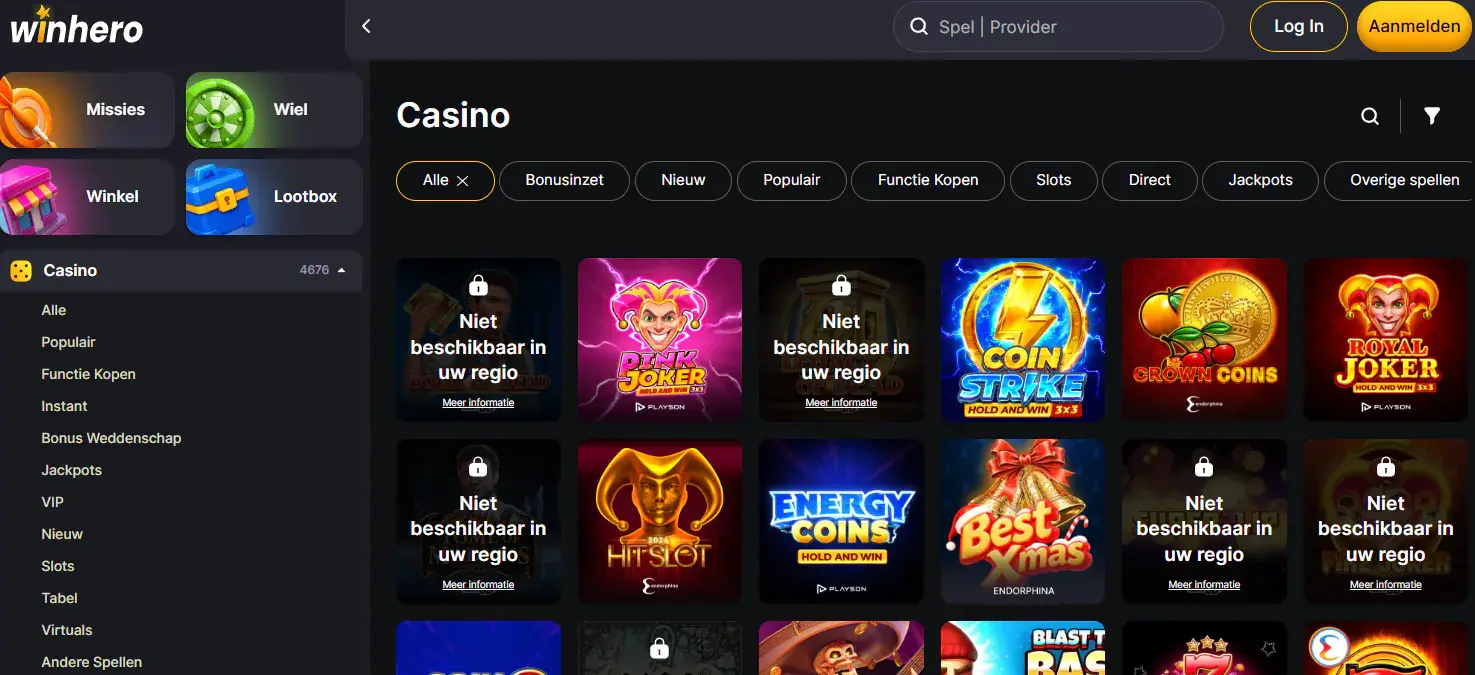 Officiële Winhero casino-lobby met spelcategorieën en catalogusnavigatie