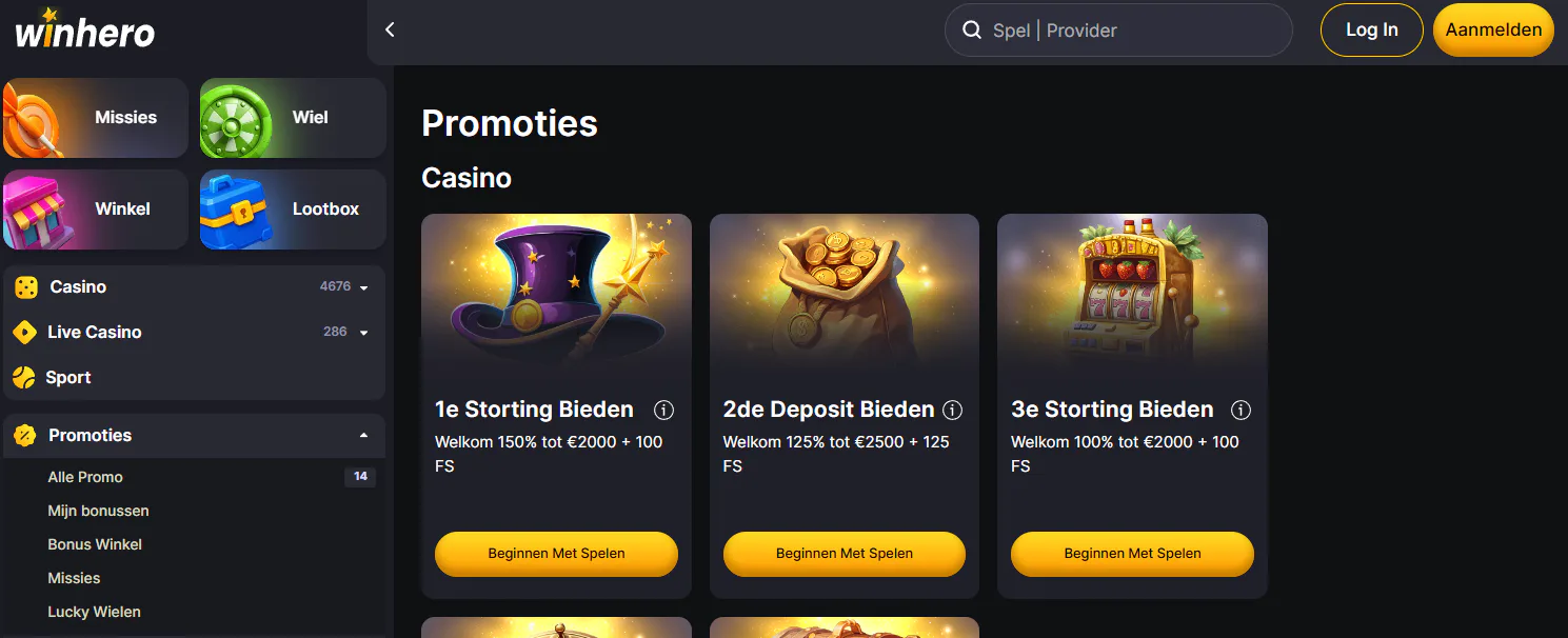 Winhero promotie-overzicht en VIP-navigatie in de actuele interface