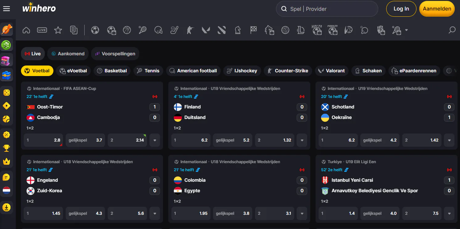 Actuele Winhero Sport-sectie met sportnavigatie en beschikbare evenementen