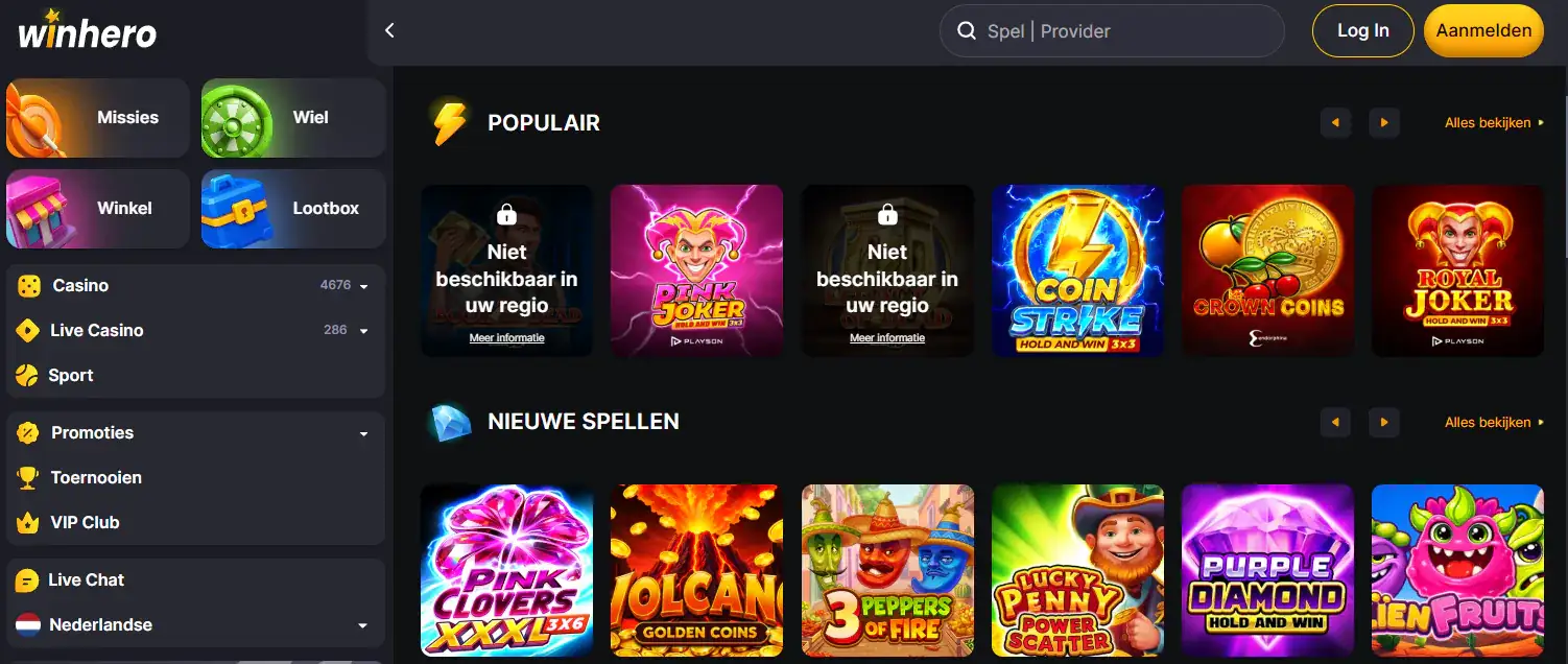Nederlandstalige Winhero-homepage met navigatie naar casino, live casino en sport
